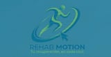 Rehab Motion logo featuring a stylized figure in motion with circular arrow design on blue background