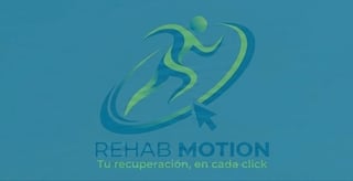 Rehab Motion logo featuring a stylized figure in motion with circular arrow design on blue background